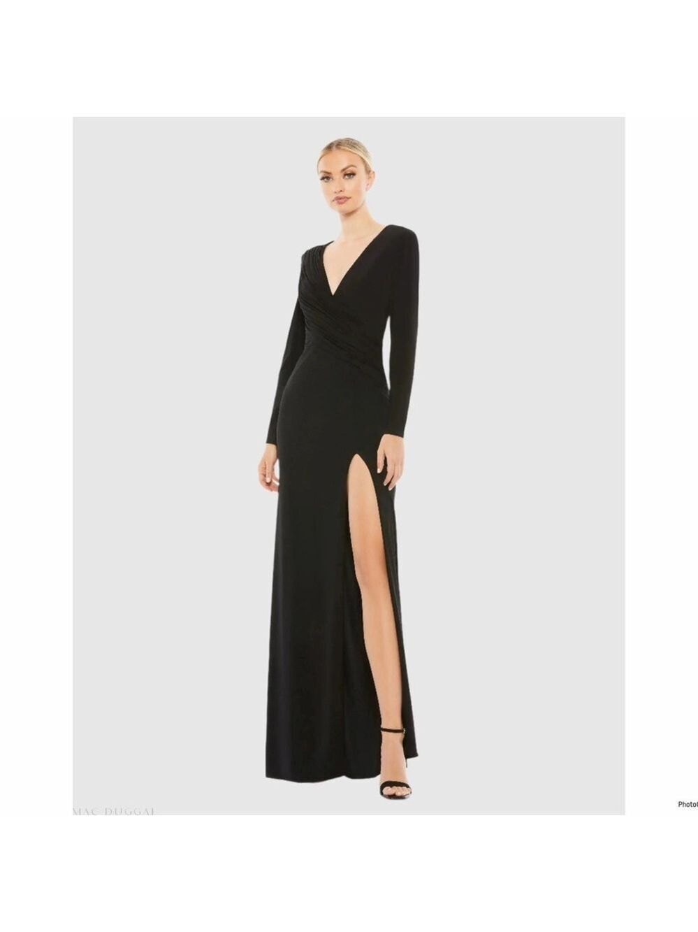 IEENA FOR MAC DUGGAL Black Jersey Asymmetrical Ruched Gown with Rhinestones Sz 8